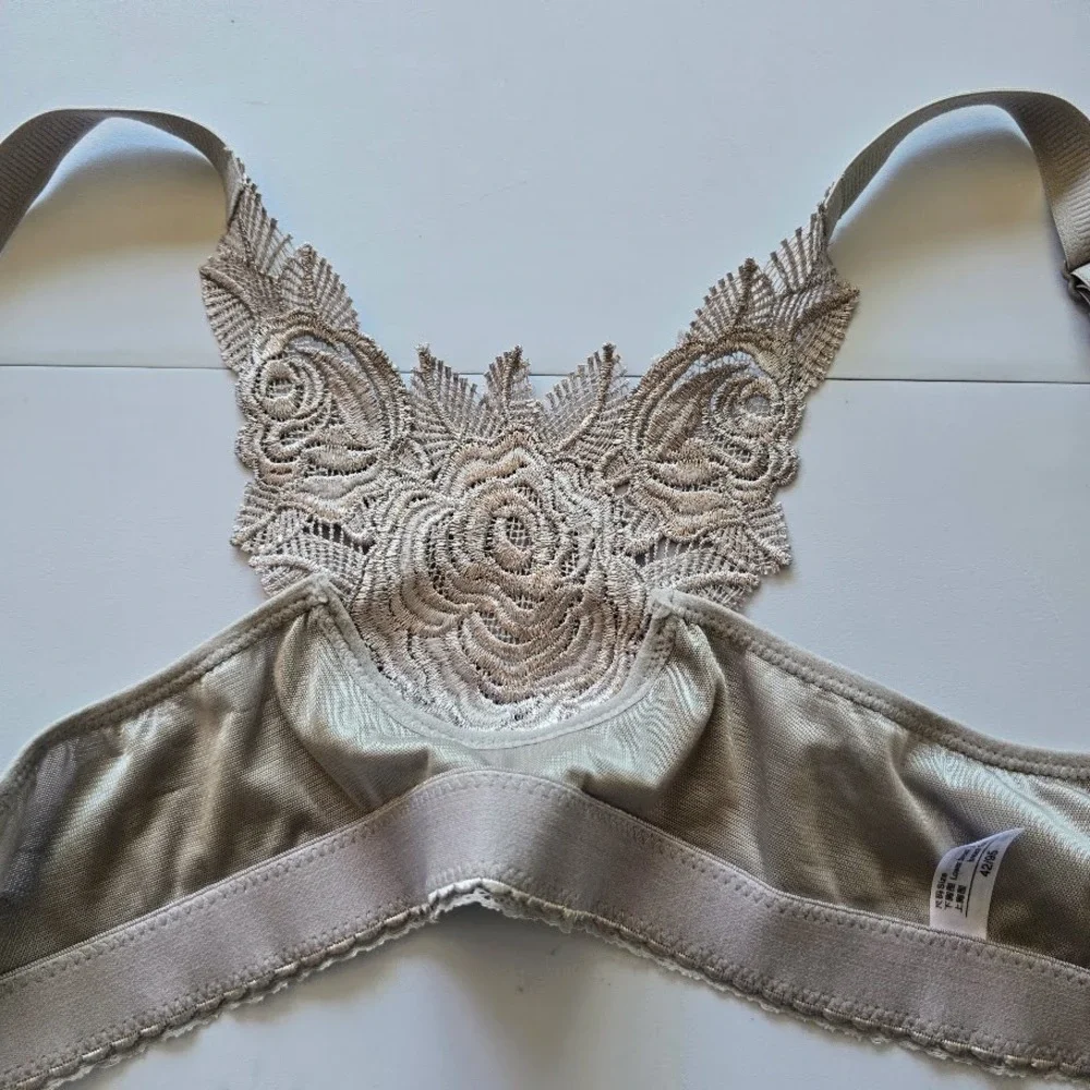 Taupe Lace Front-Close Bra‎ Rose Floral Racerback Rhinestone Women 42C Lingerie